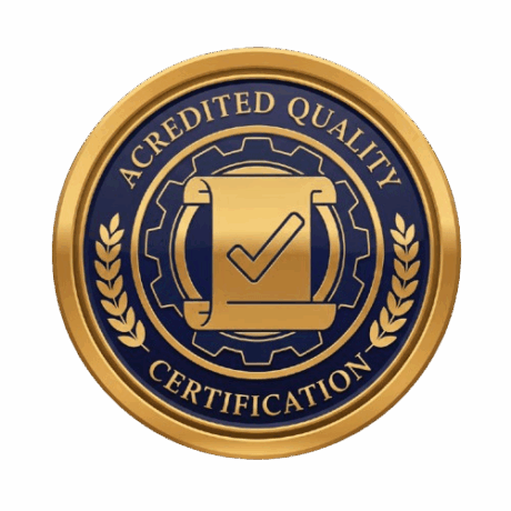 Gold certification badge with laurel wreath and shield