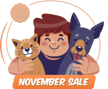 Cartoon man holding a cat and dog with a November Sale banner.