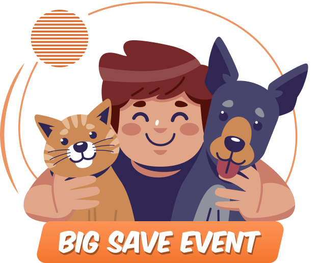 Illustration of a smiling person holding a cat and a dog with a “Big Save Event” banner.