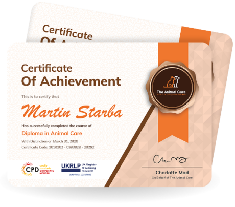 CPD-accredited Diploma in Animal Care certificate from The Animal Care, awarded to Martin Starba with distinction