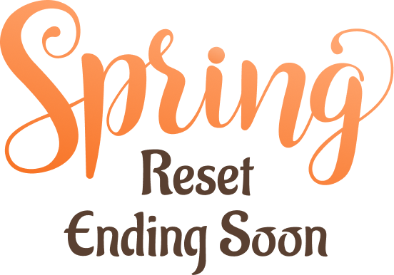 Spring reset text design in orange script with leaf icon on white background